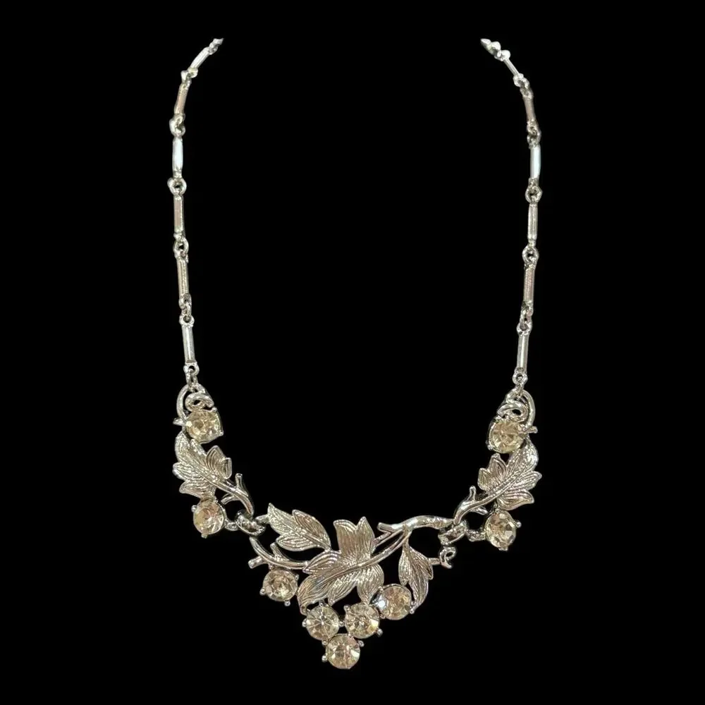 Vintage Coro Clear Rhinestone Leaf Necklace Silver Tone Rhodium Mid Century 16